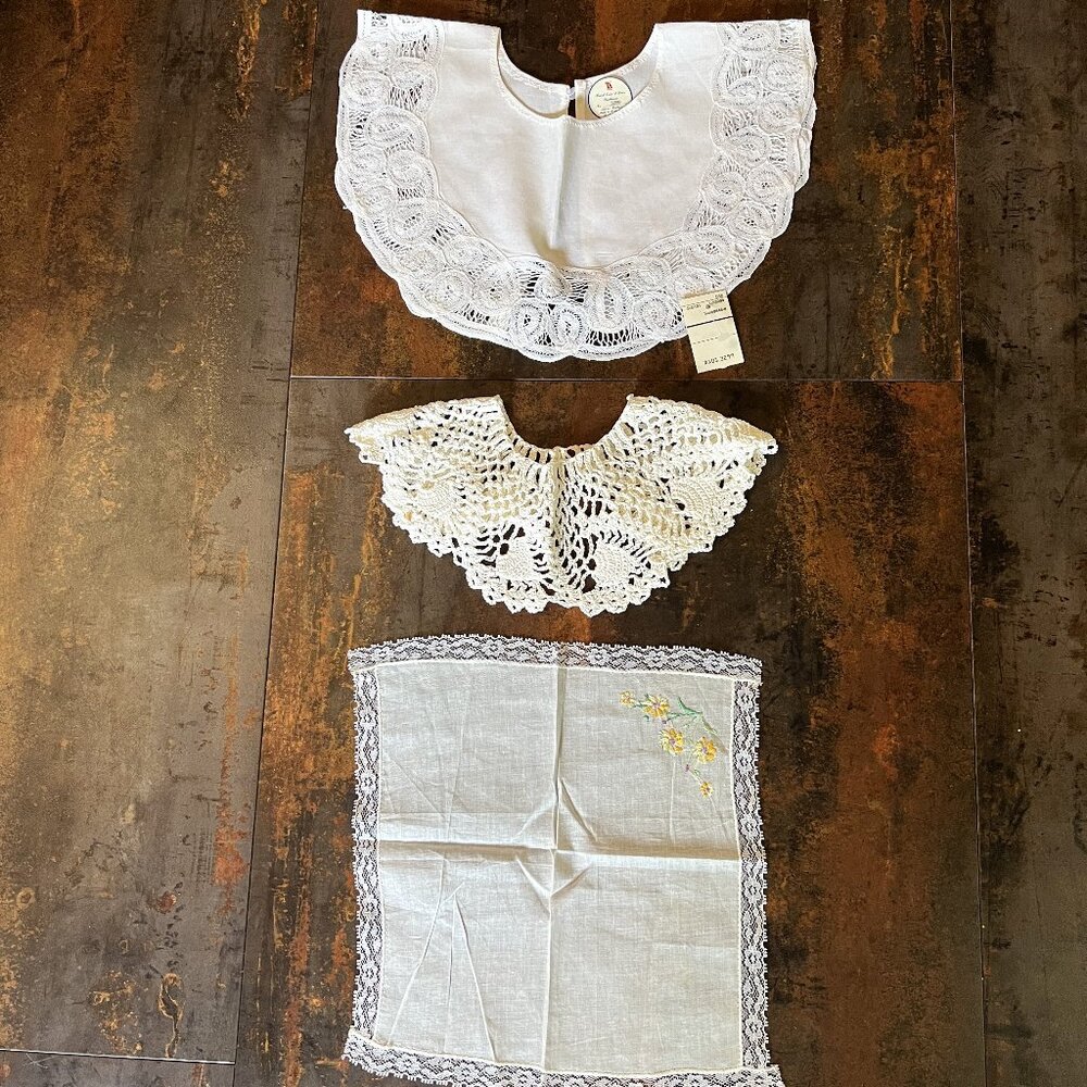 Vintage Lace Button Collars (2) & Hand-Embroidered Lace-Trim Handkerchief